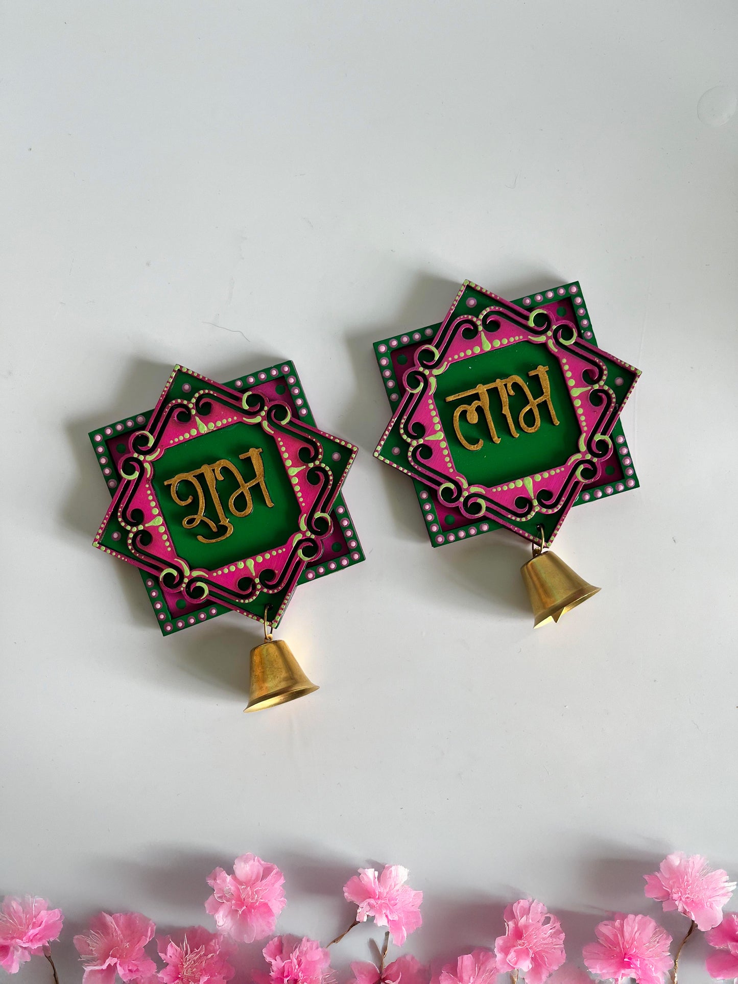 Handpainted Shubh Labh Wall Hanging with Decorative Bells – Pink & Green Square (4x4 Inch)