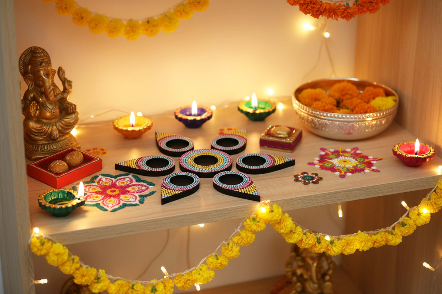 Pink Blossom Dot Mandala Tealights Holders – Handcrafted Festive Lighting