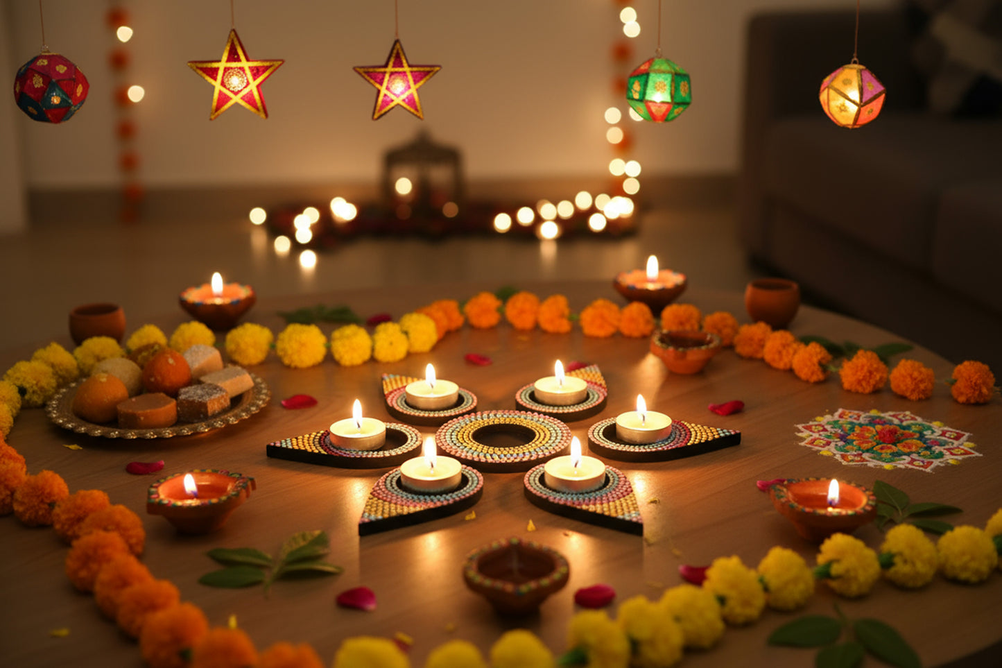 Pink Blossom Dot Mandala Tealights Holders – Handcrafted Festive Lighting