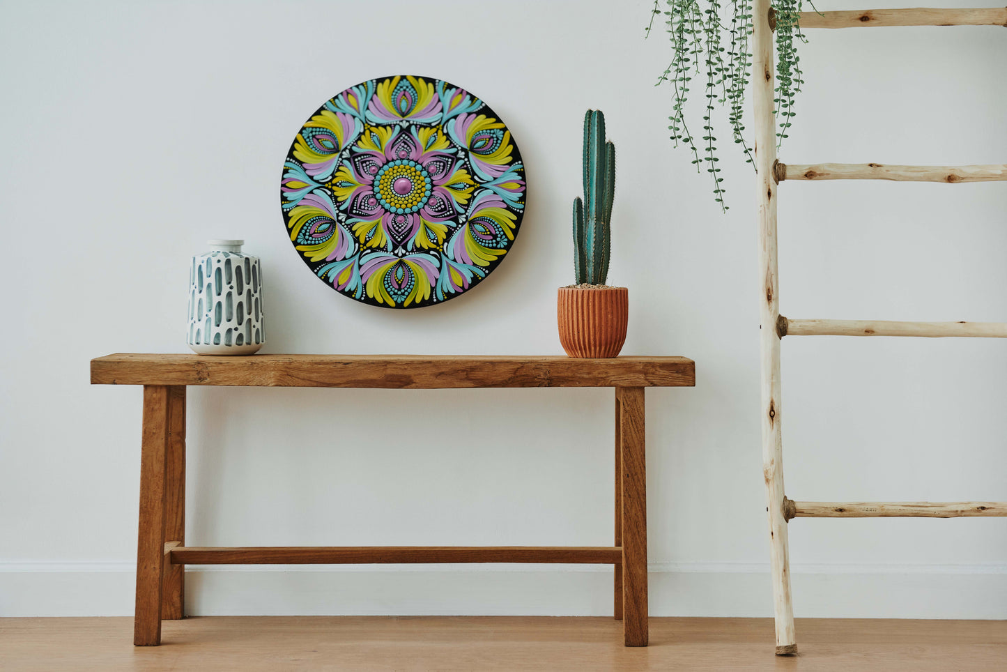 Radiant Floral Burst Mandala Wall Plate – Hand-Painted Dot Art