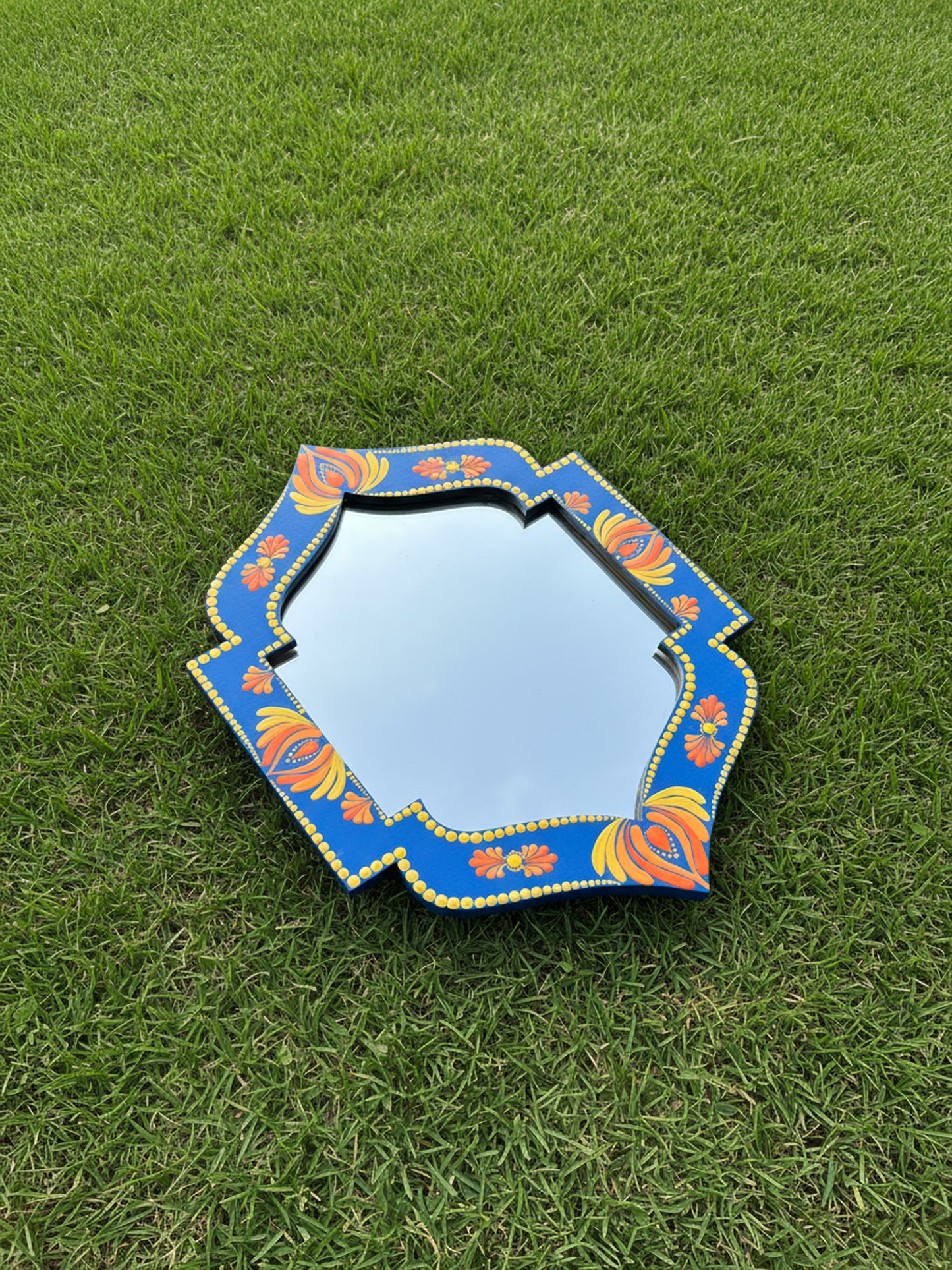Hand-Painted Lotus Dot Mandala Art Mirror – 12” Jharokha Style Ornate Frame | Royal Blue