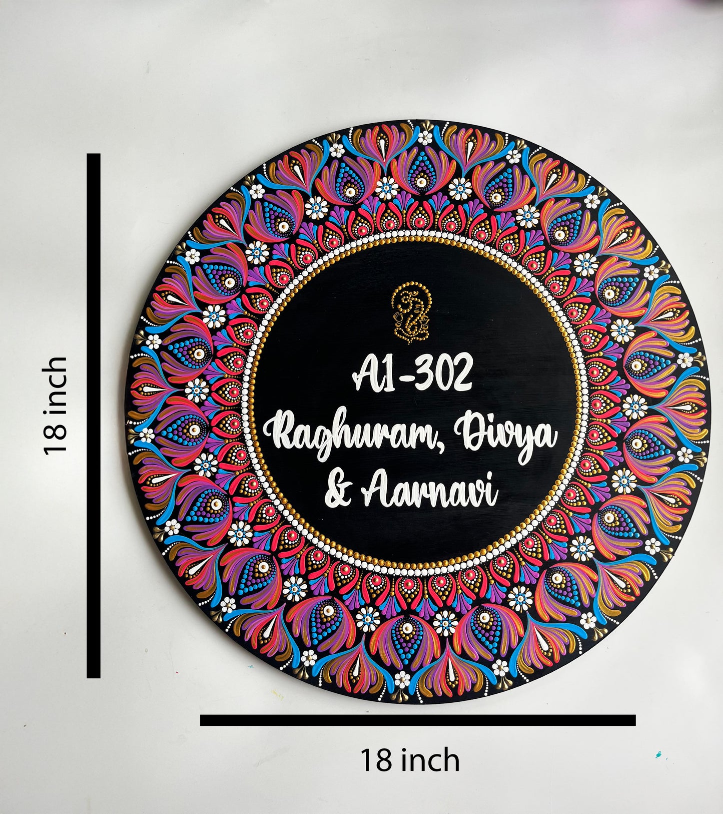 Traditional Mandala Round Wooden Name Board with Ganesha