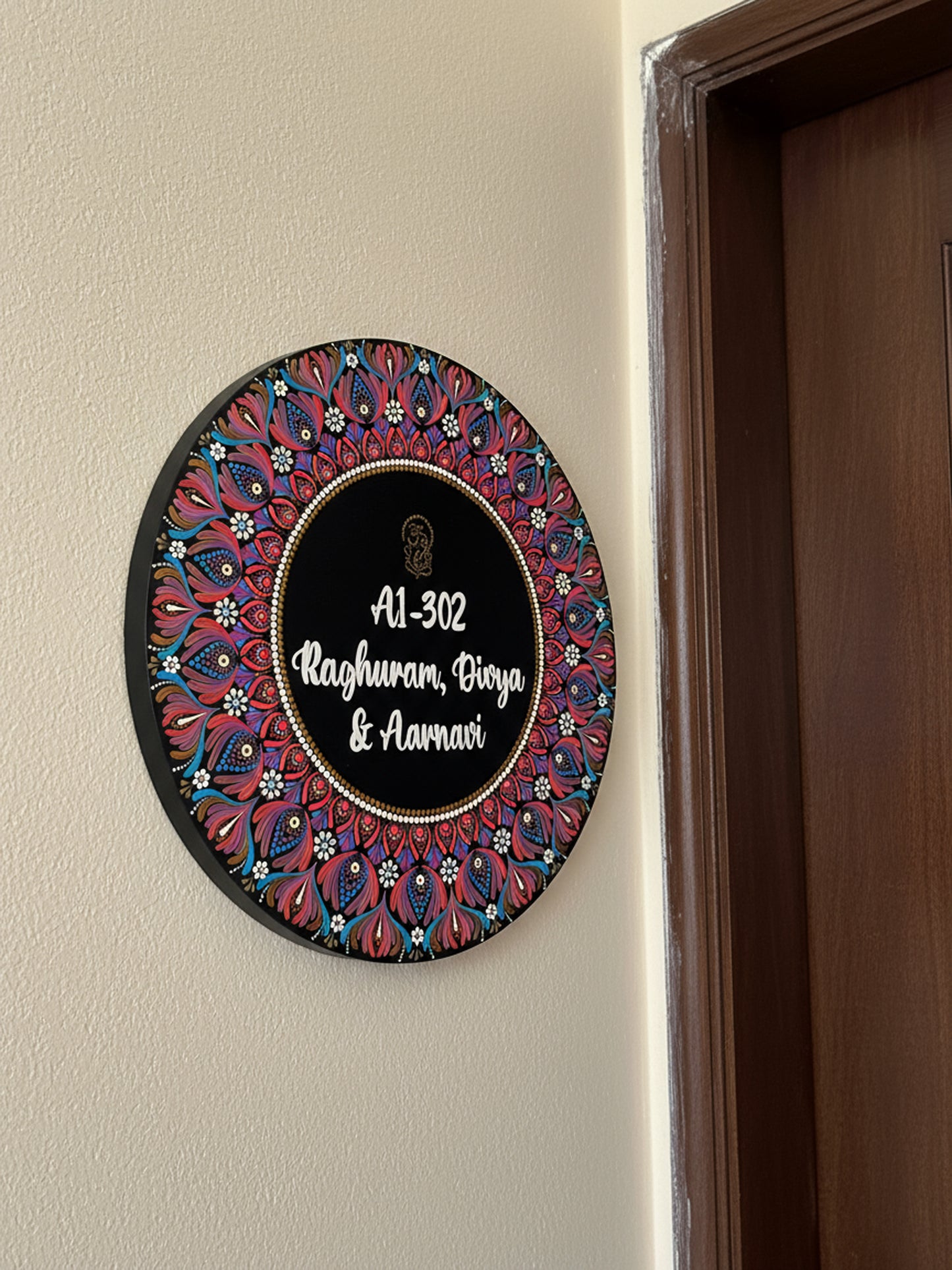 Traditional Mandala Round Wooden Name Board with Ganesha
