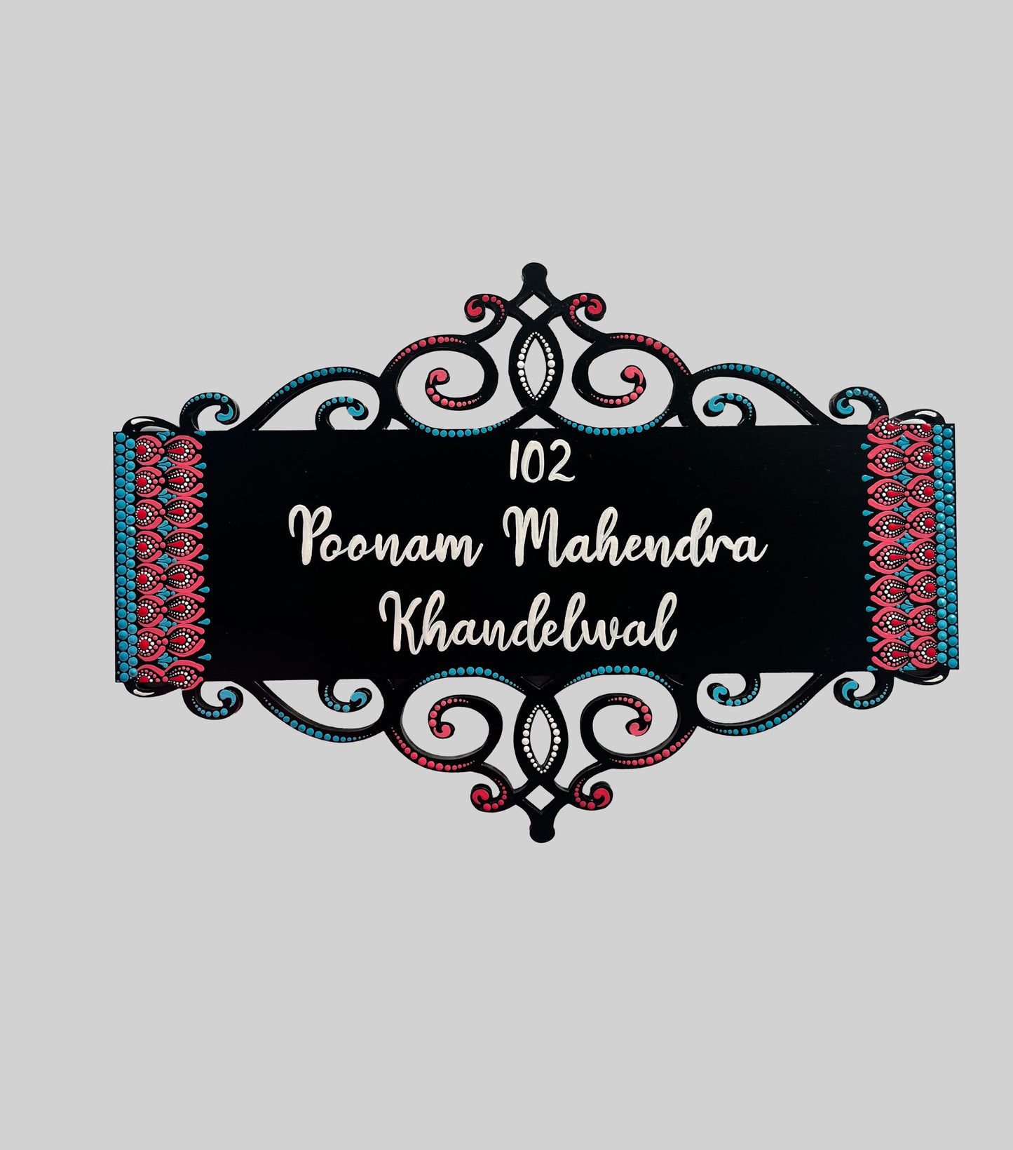 Elegant Rectangular Cutwork Nameplate with Pink & Teal Dot Mandala Borders