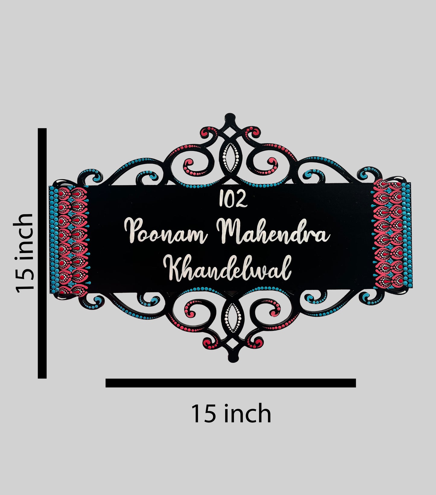 Elegant Rectangular Cutwork Nameplate with Pink & Teal Dot Mandala Borders