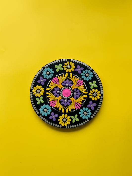 “Floral Harmony Mandala Dot Art on Black Base”
