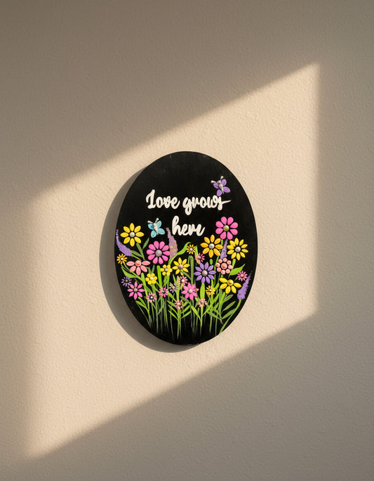 Hand-Painted Floral Dot Mandala Wall Hanging – “Love Grows Here”