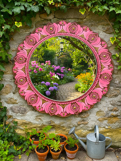Hand-Painted Earthy Pink Dot Mandala  Art Mirror – 12” Round Wall Accent | Elegant Boho Home Décor