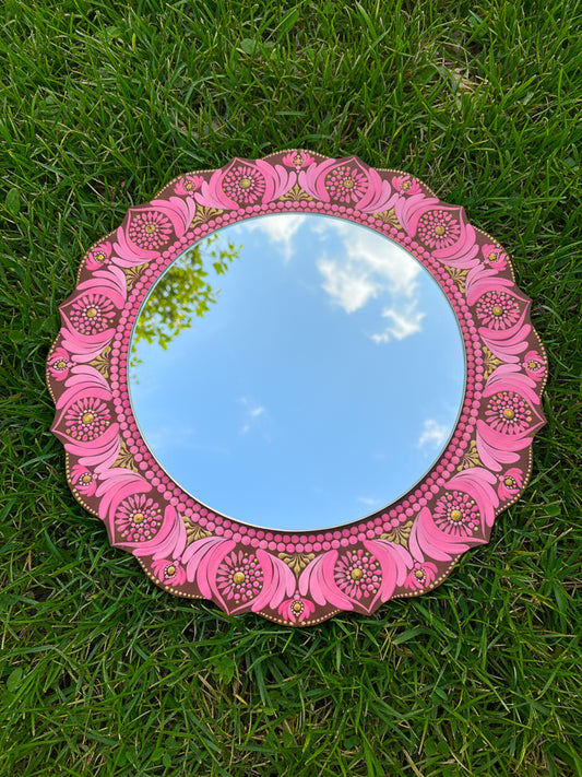 Hand-Painted Earthy Pink Dot Mandala  Art Mirror – 12” Round Wall Accent | Elegant Boho Home Décor