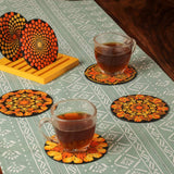 Orange & Yellow Floral Dot Mandala Coaster Set