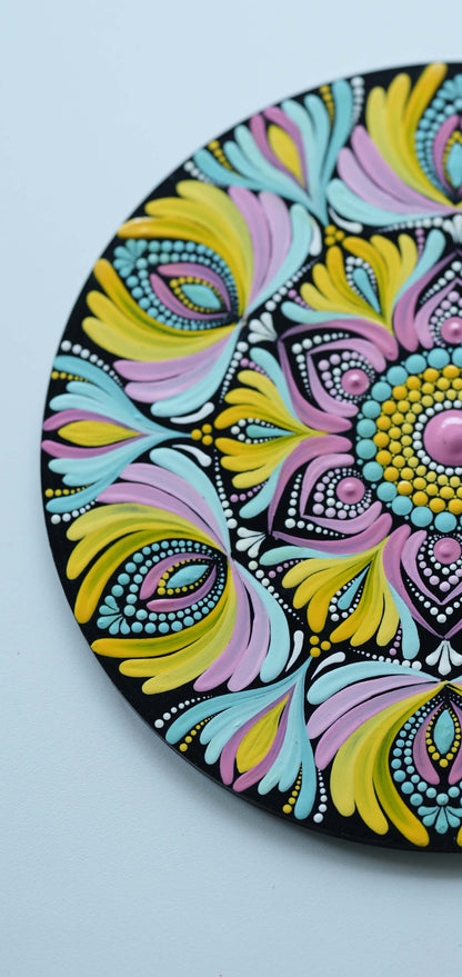 Radiant Floral Burst Mandala Wall Plate – Hand-Painted Dot Art
