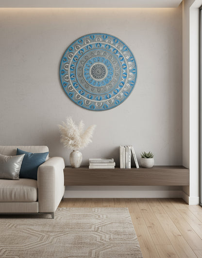 Elegant Blue & Silver Mandala Wall Art – Hand-Painted Dot Design