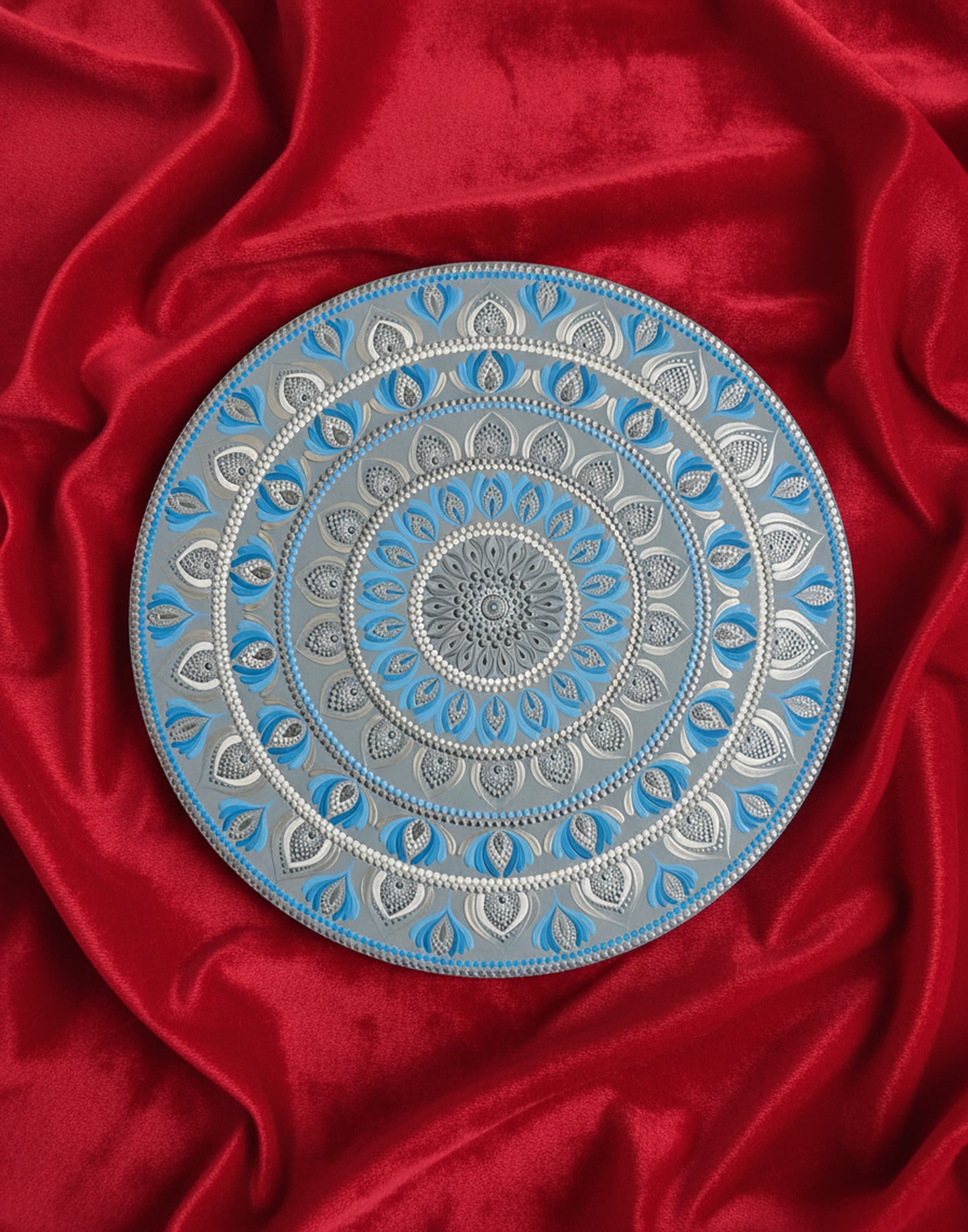 Elegant Blue & Silver Mandala Wall Art – Hand-Painted Dot Design