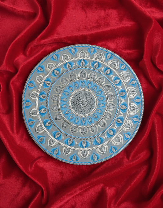 Elegant Blue & Silver Mandala Wall Art – Hand-Painted Dot Design