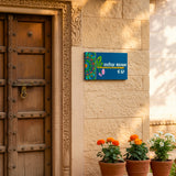 Hand-Painted Wooden Nameplate with Flute & Peacock Feather – 18" Dot Mandala Design