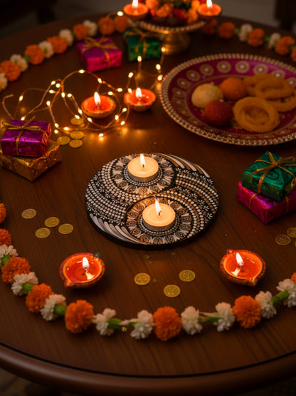 Yin Yang Balance – Hand-Painted Mandala Dot Art Tealight Holder