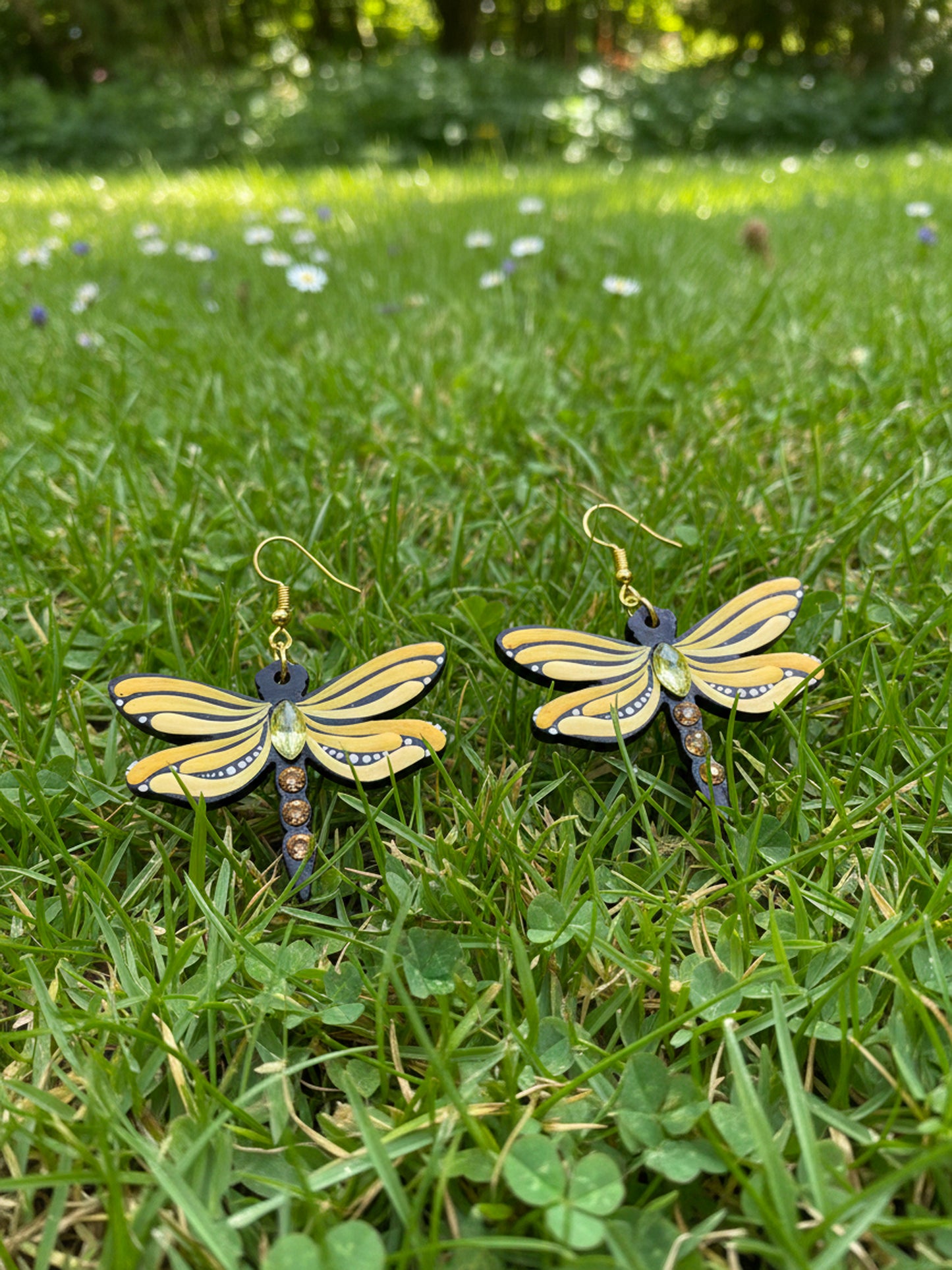 Mystic Dragonfly Mandala Earrings – Handpainted Art in Peacock Shades