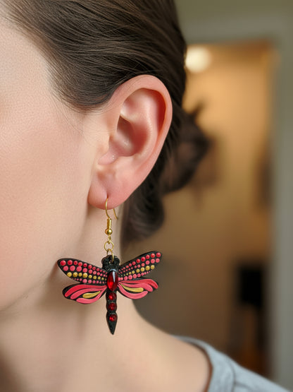 Mystic Dragonfly Mandala Earrings – Handpainted Art in Peacock Shades