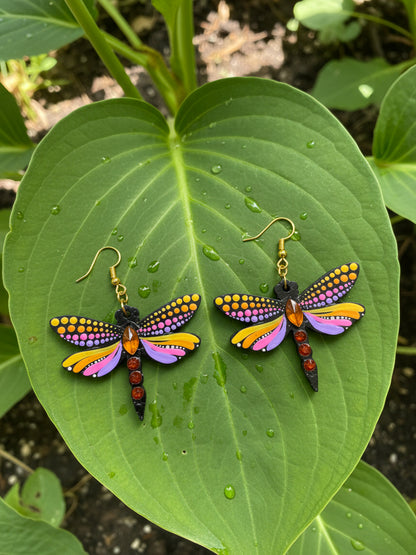 Mystic Dragonfly Mandala Earrings – Handpainted Art in Peacock Shades