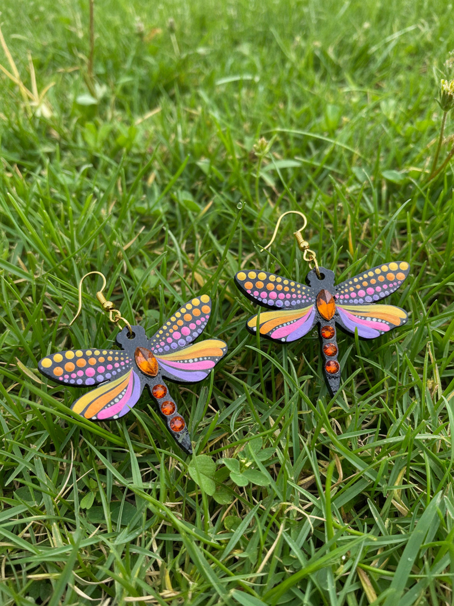 Mystic Dragonfly Mandala Earrings – Handpainted Art in Peacock Shades