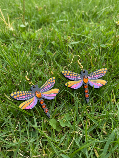 Mystic Dragonfly Mandala Earrings – Handpainted Art in Peacock Shades