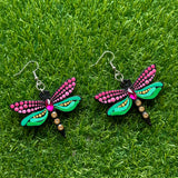 Mystic Dragonfly Mandala Earrings – Handpainted Art in Peacock Shades