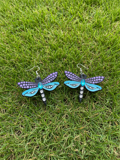 Mystic Dragonfly Mandala Earrings – Handpainted Art in Peacock Shades