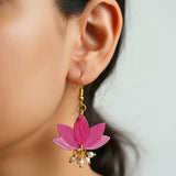 Pink Lotus Bloom Earrings – Handcrafted Elegance with Pearl Drops