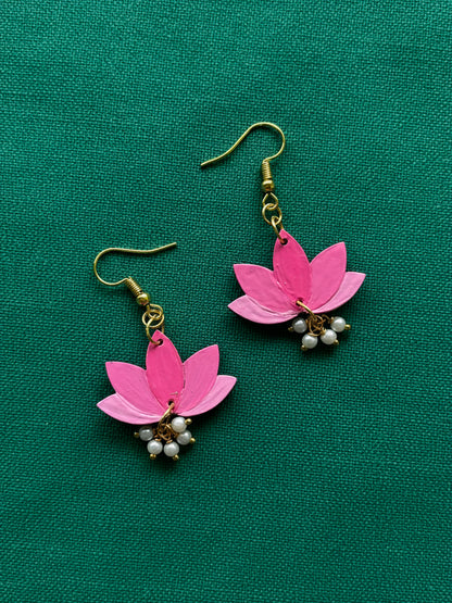 Pink Lotus Bloom Earrings – Handcrafted Elegance with Pearl Drops