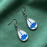 Blue Blossom Teardrop Earrings – Minimal Handpainted Mandala Charm