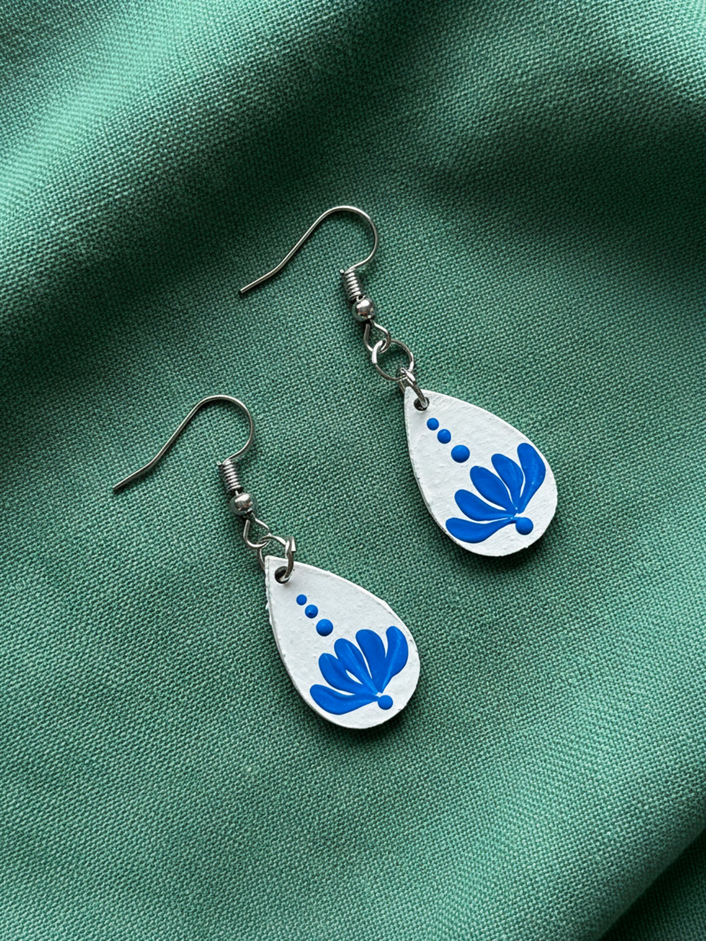 Blue Blossom Teardrop Earrings – Minimal Handpainted Mandala Charm