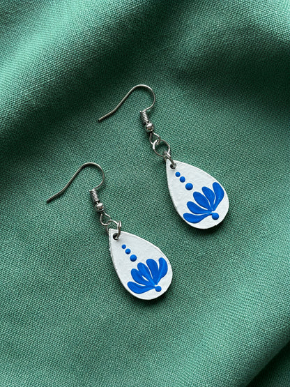 Blue Blossom Teardrop Earrings – Minimal Handpainted Mandala Charm