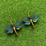 Mystic Dragonfly Mandala Earrings – Handpainted Art in Peacock Shades