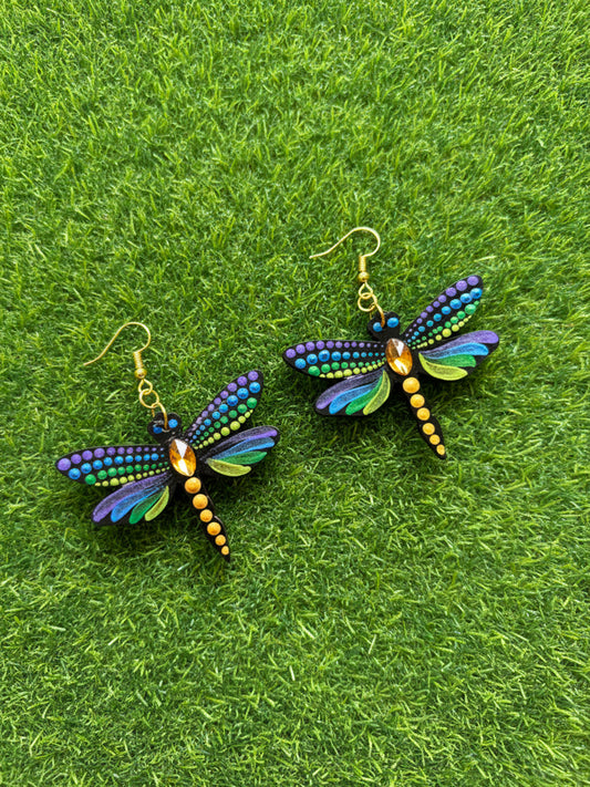 Mystic Dragonfly Mandala Earrings – Handpainted Art in Peacock Shades
