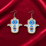 White & Blue Hamsa Hand Mandala Earrings – Touch of Gold Elegance