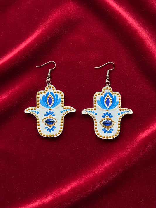 White & Blue Hamsa Hand Mandala Earrings – Touch of Gold Elegance