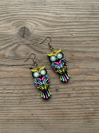 Vibrant Owl Mandala Earrings – Handpainted Boho Charm