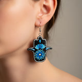 Hamsa Hand Dot Mandala Earrings – Shades of Blue