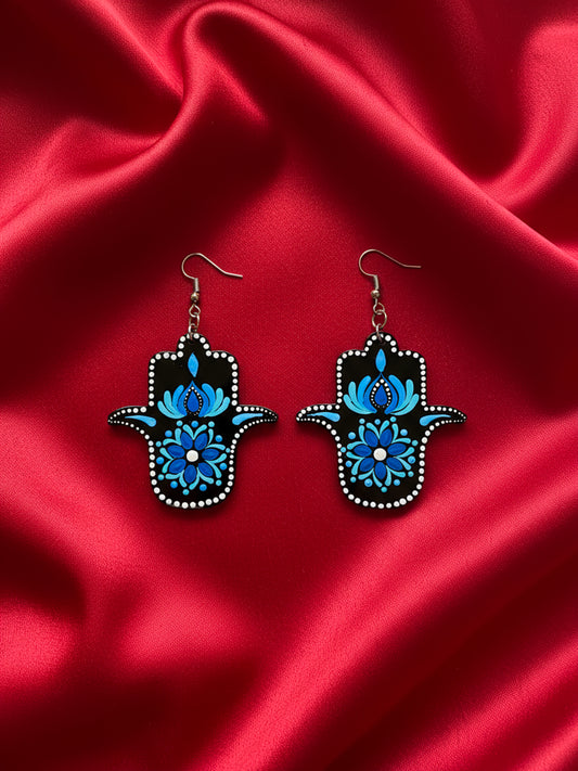 Hamsa Hand Dot Mandala Earrings – Shades of Blue