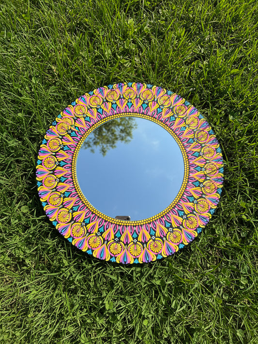 Hand-Painted Dot Mandala Art Mirror – 16” Round Frame with 9” Mirror | Intricate Multicolor Boho Wall Décor