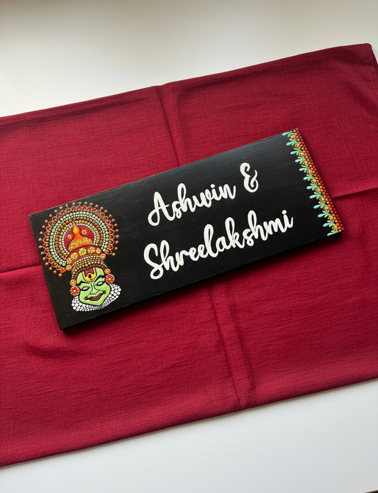 Hand-Painted Kathakali Theme Nameplate – Dot Mandala Art (Customizable)