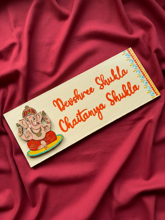 Hand-Painted Wooden Nameplate with Lord Ganesha – Customized Dot Mandala Art