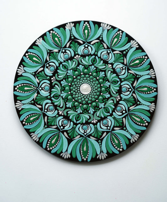 Hand-Painted Green Mandala Wall Plate – Dot Art