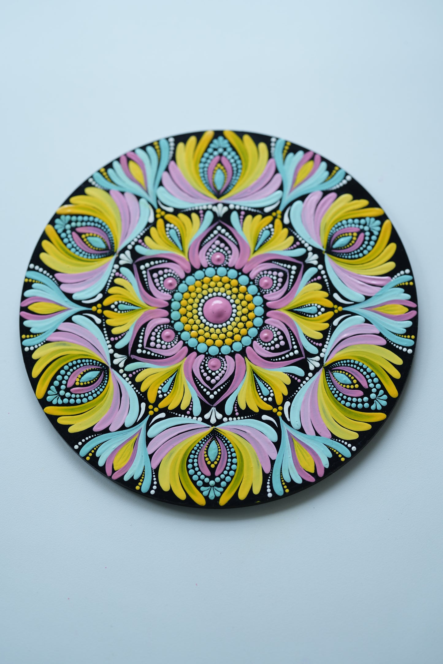 Radiant Floral Burst Mandala Wall Plate – Hand-Painted Dot Art