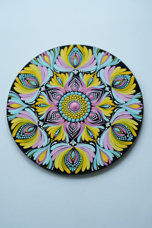 Radiant Floral Burst Mandala Wall Plate – Hand-Painted Dot Art