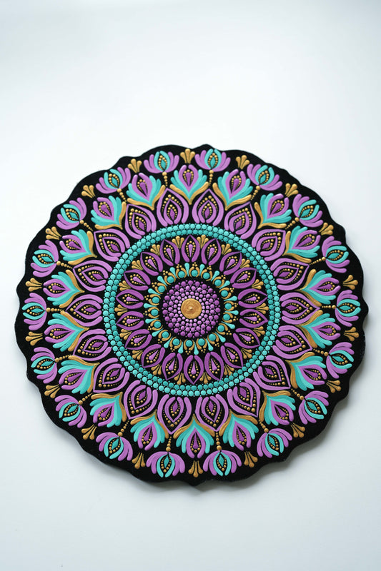 Purple & Teal Lotus Bloom Hand-Painted Mandala Wall Plate – Dot Art