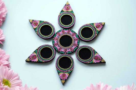 Pink Blossom Dot Mandala Tealights Holders – Handcrafted Festive Lighting