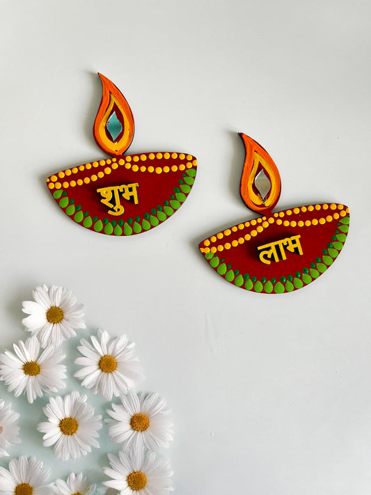 Handpainted Shubh Labh Wall Hanging – Diya Design in Red, Orange & Green (Approx. 3x5 Inch)