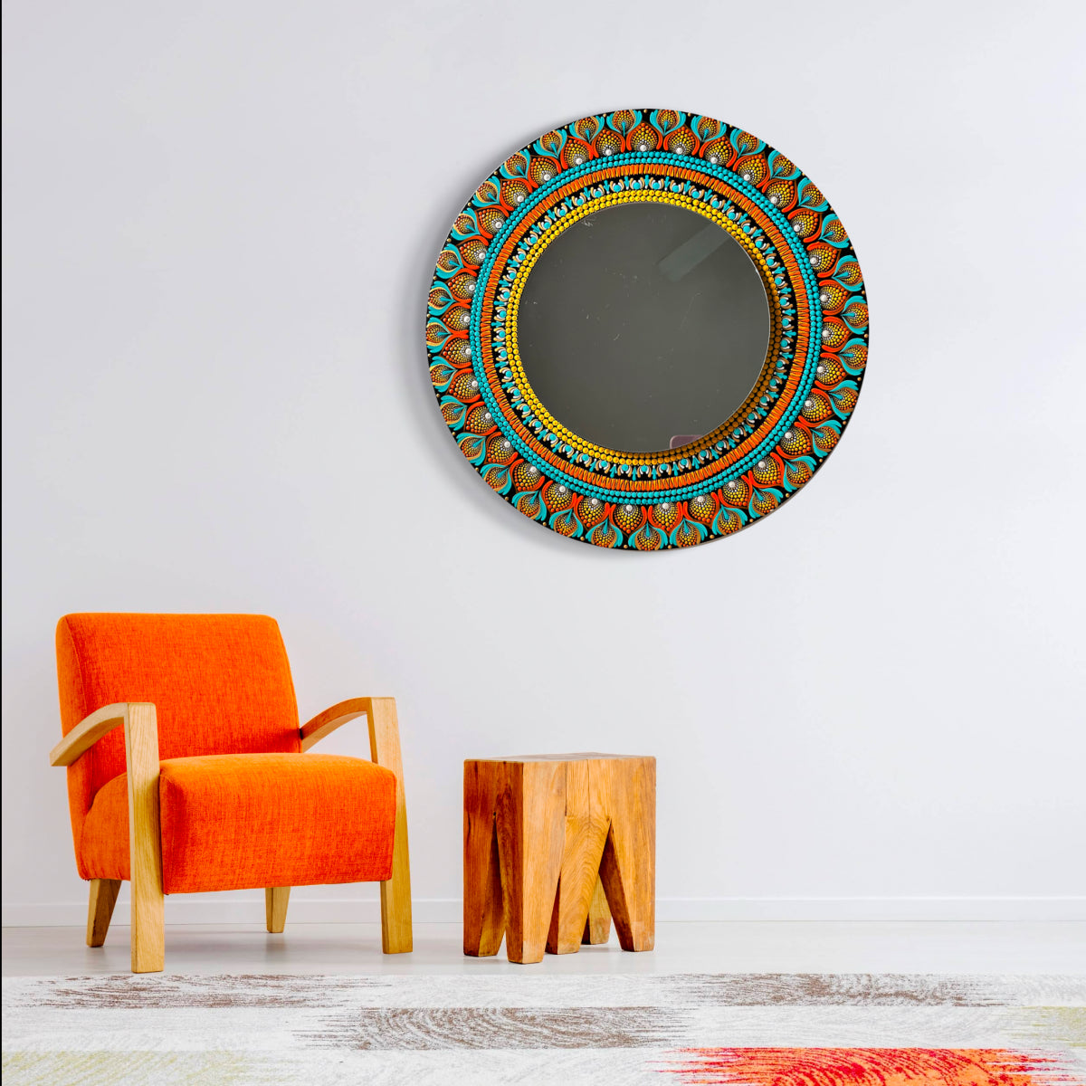 Dot Art Mandala Wall Decor - Mirror Round Orange Blue