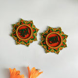 Handpainted Shubh Labh Wall Hanging – Flower Design in Green & Orange (4x4 Inch)